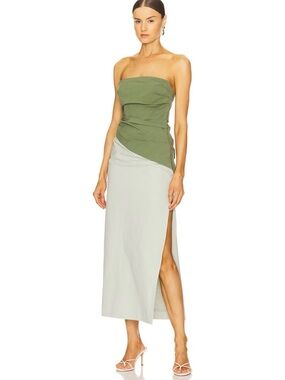 Cecilia Midi Dress in Pesto Splash Strapless Two-Tone Olive Green and Light Sage